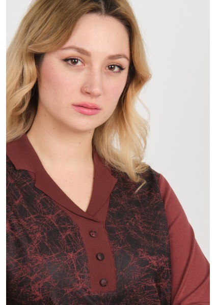 Kadın Desenli Süs Düğmeli Uzun Kollu Anne Bluz 2339 Bordo