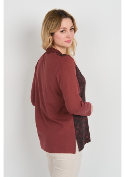 Kadın Desenli Süs Düğmeli Uzun Kollu Anne Bluz 2339 Bordo