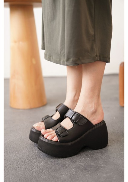 Kadın Zone Tokalı Dolgu Topuk Terlik - Siyah-Deri fırsatları