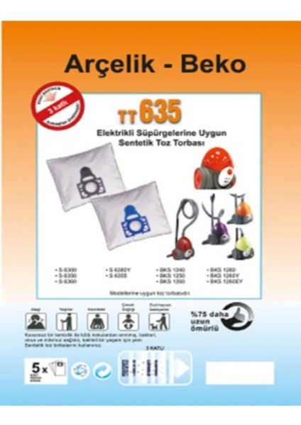 Arçelik TT635 - S6355 - S6255 Lynx Sentetik Toz Torbası 10 Adet