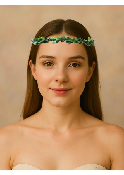 Bride Duvaklı Taç Bekarlığa Veda Parti Tacı Yeşil Yapraklı