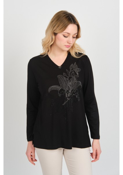 Kadın Önü Taş Süslemeli Yakası Boncuk Detaylı Uzun Kol Anne Bluz 5747 Siyah