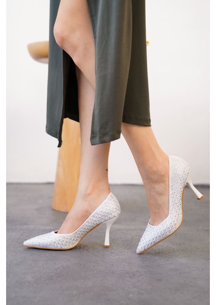 Kadın Roday Taşlı Topuklu Stiletto Ayakkabı - Beyaz