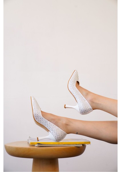 Kadın Roday Taşlı Topuklu Stiletto Ayakkabı - Beyaz