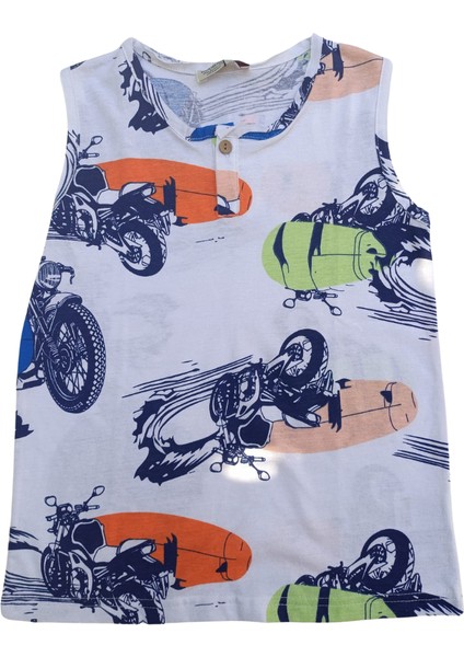 Erkek Çocuk Motor Baskılı Atlet T-Shirt Düğmeli Kapama 6-7 Yaş Çok Renkli