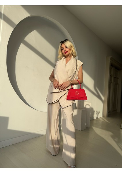 Ekru Biyeli Kruvaze Yelek Pantolon Takım modelleri