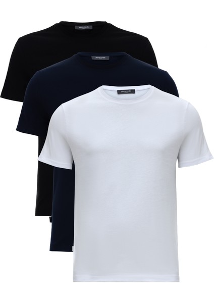 Erkek Beyaz-Lacivert-Siyah 3'lü Slim Fit %100 Pamuk Bisiklet Yaka Basic Tişört Paketi 50318808-VR140