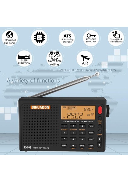 Sıhuadon R-108 Radyo Fm Stereo Dijital Taşınabilir Radyo Am Sw Hava Radyo Alıcısı Alarm Fonksiyonu Ekran Saati Sıcaklık Hoparlö modelleri