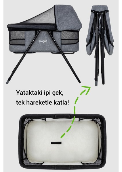 Katlanır Bebek Beşiği, Portatif Beşik, Anne Yanı Bebek Beşiği - Gri