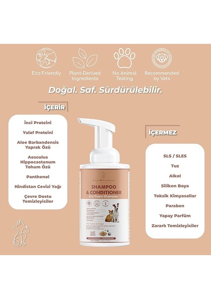 Kahu Naturals Kuru Köpük Şampuan ve Nemlendirici, Durulamasız, Kolay Tarama, Kedi ve Köpek, Organik Içerikli, 350 ml