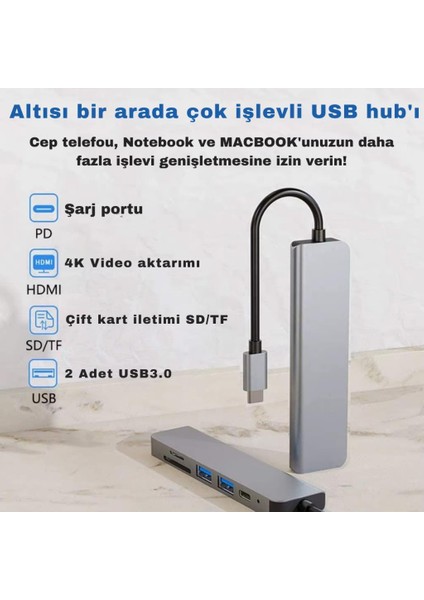 Coofbe 6in1 Type-C Dönüştürücü Hub 87W Type-C Hdmi Usb3.0 Dönüştücü Çoğaltıcı Sd Tf Dönüştürücü Huv