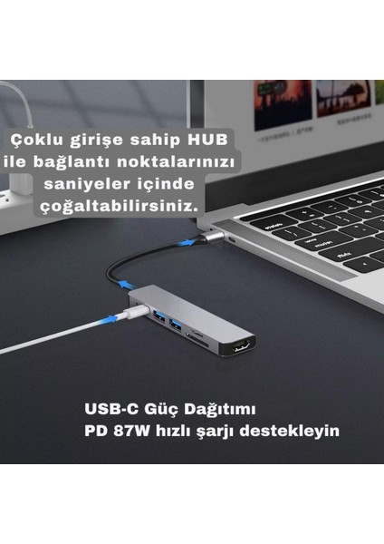 Coofbe 6in1 Type-C Dönüştürücü Hub 87W Type-C Hdmi Usb3.0 Dönüştücü Çoğaltıcı Sd Tf Dönüştürücü Huv