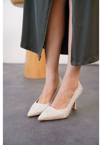 Kadın Roday Taşlı Topuklu Stiletto Ayakkabı - Ten