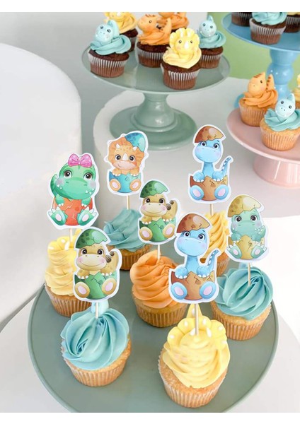 Baby Dinozor Temalı Kürdan Figürlü Pasta Süsü Cupcake Kürdanı 10'lu