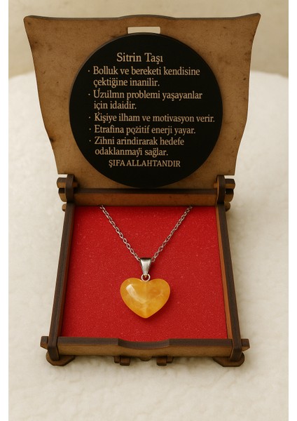 Sitrin Taşı Kalp Kolye – Sarı Doğal Taş, Ahşap Kutulu, Anneye, Sevgiliye, Kız Çocuğuna Hediye modelleri