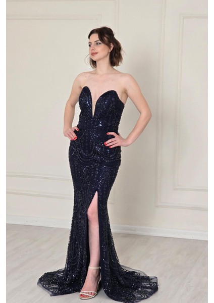 Lacivert Straplez Taşlı Abiye 5285
