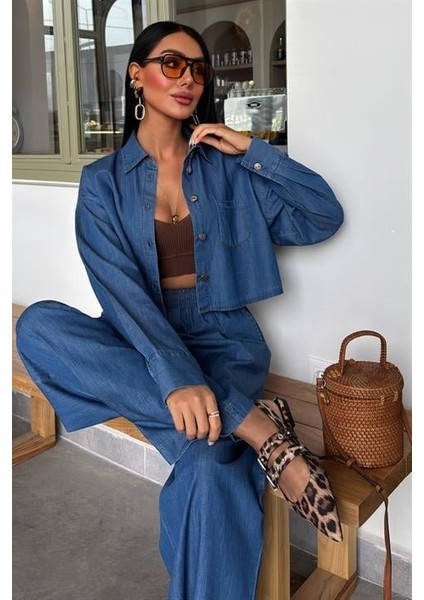 Denim Gömlek Plazzo Pantolon Takım 10163-08