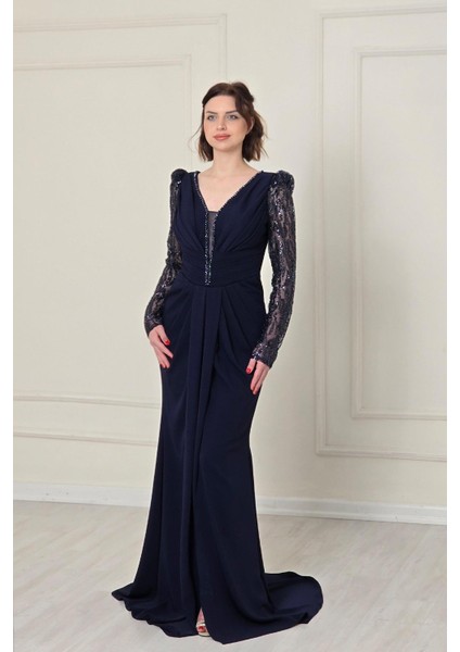 Lacivert Belden Drapeli Abiye 5225