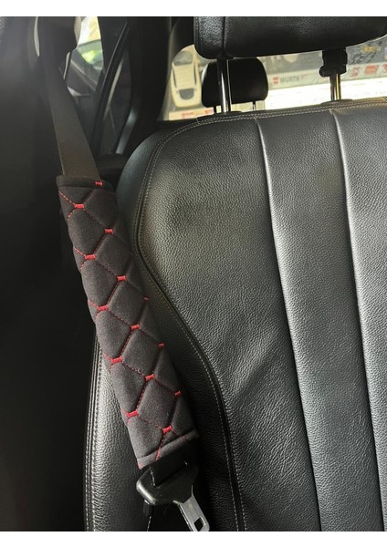 Emniyet Kemeri Koltuk Kemer Pedi 2 Adet (Yumuşak Kumaş) Nakışlı Kırmızı-Siyah