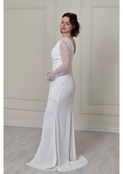 Beyaz Belden Drapeli Abiye 5225 modelleri