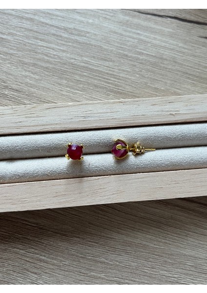 Pembe Akik Taşı Altın Kaplama Top Küpe El Yapımı