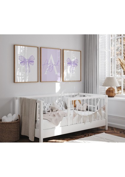 Çerçevesiz Mor Fiyonk Temalı L İsme Özel Poster Seti Çocuk Bebek Odası