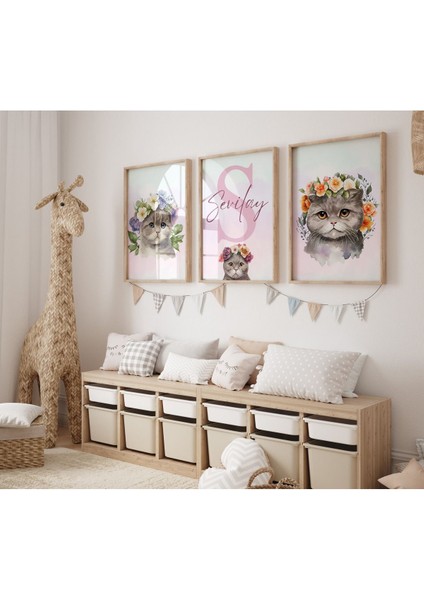 Çerçevesiz Kedi ve Çiçek Temalı İsme Özel 3'lü Poster Seti Çocuk Bebek Odası