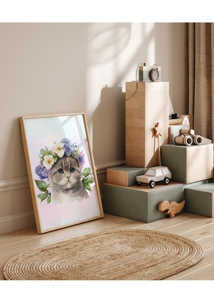 Çerçevesiz Kedi ve Çiçek Temalı İsme Özel 3'lü Poster Seti Çocuk Bebek Odası