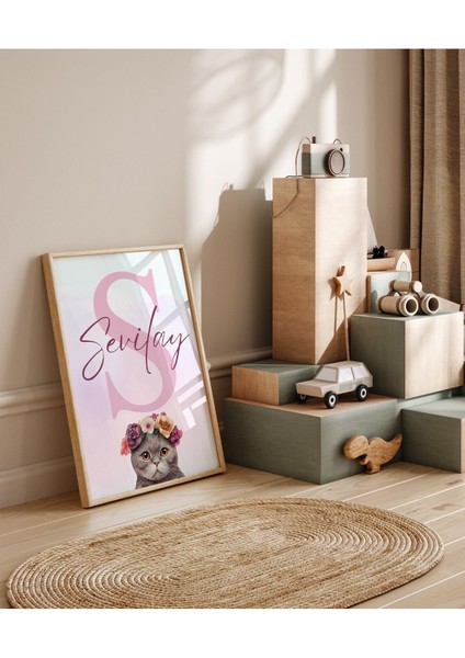 Çerçevesiz Kedi ve Çiçek Temalı İsme Özel 3'lü Poster Seti Çocuk Bebek Odası