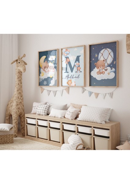 Çerçevesiz Oyuncak Ayı Temalı İsme Özel Poster Seti Çocuk Bebek Odası