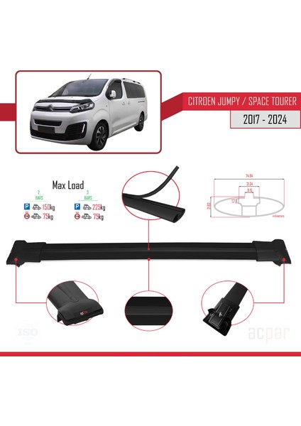 Citroen Jumpy 3 (K0) Space Tourer 2017 ve Sonrası ile Uyumlu Fly Model Ara Atkı Tavan Barı Siyah 2 Adet modelleri