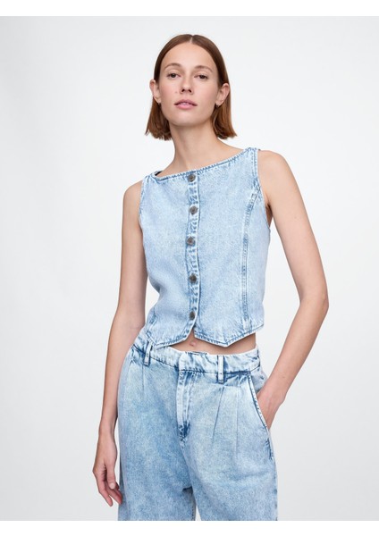 Kadın Mavi Ultrasoft Crop Denim Yelek