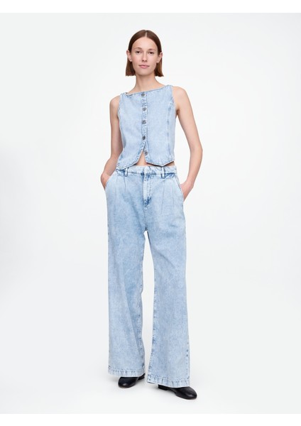 Kadın Mavi Ultrasoft Crop Denim Yelek