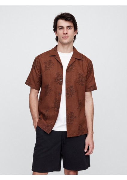 Erkek Kahverengi Standard Fit Keten Karışımlı Vacay Gömlek