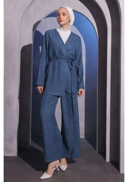 Çapraz Bağlamalı Pamuk Keten Kimono Takım
