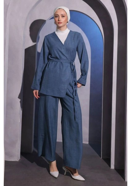 Çapraz Bağlamalı Pamuk Keten Kimono Takım modelleri