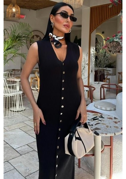 Önü Düğmeli Fitilli Kolsuz Elbise 2832