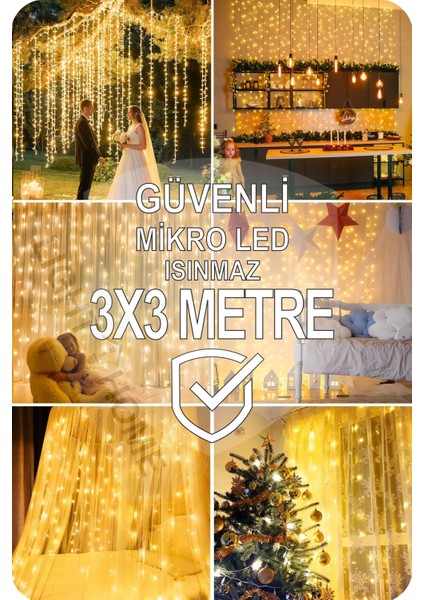 300 Ledli 10 Saçaklı Sarı LED Kumandalı 8 Modlu Perde LED Peri Mutfak Işık Dekoratif Lamba