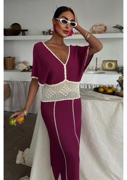 Dantel Desenli V Yaka Triko Elbise 2844
