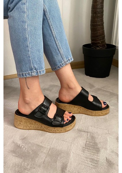 Kadın Nora Siyah Çift Bant Kalın Mantar Taban Ortopedik Sandalet Terlik K-270