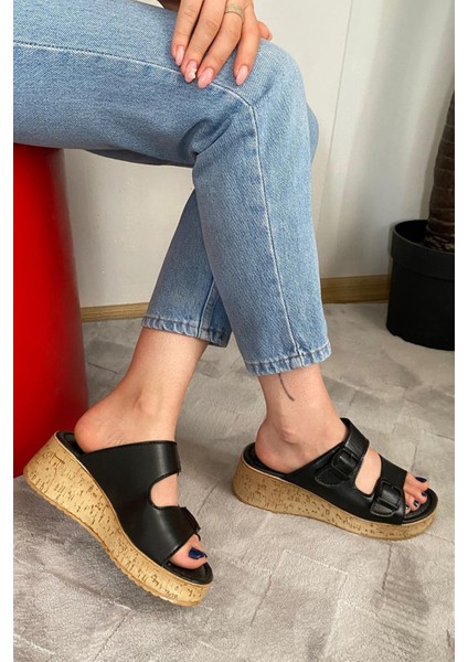 Kadın Nora Siyah Çift Bant Kalın Mantar Taban Ortopedik Sandalet Terlik K-270 fiyatları