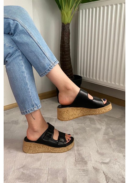Kadın Nora Siyah Çift Bant Kalın Mantar Taban Ortopedik Sandalet Terlik K-270 fırsatları
