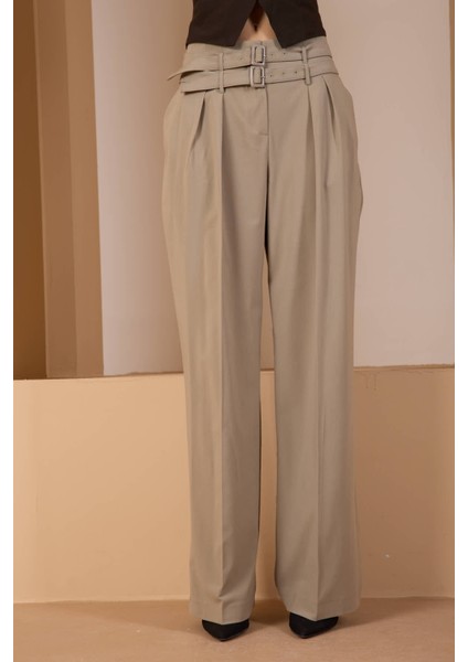Açık Haki Kemerli Geniş Paça Pantolon fırsatları