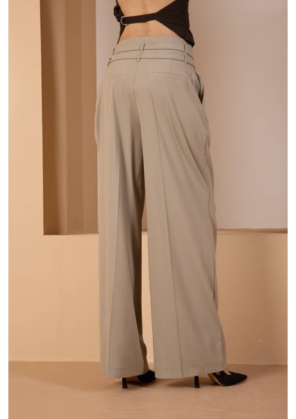 Açık Haki Kemerli Geniş Paça Pantolon