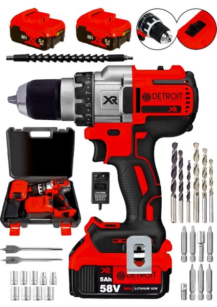 Powertools Usa Brushless 58 V 5AH Çelik Darbeli Şarjlı Matkap Vidalama-Kırmızı Dflng Series