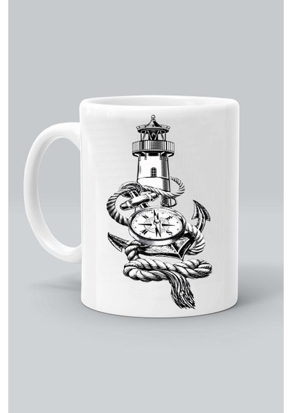 Deniz Feneri Çapa Pusula Tasarım Baskılı Beyaz Klasik Kupa Bardak