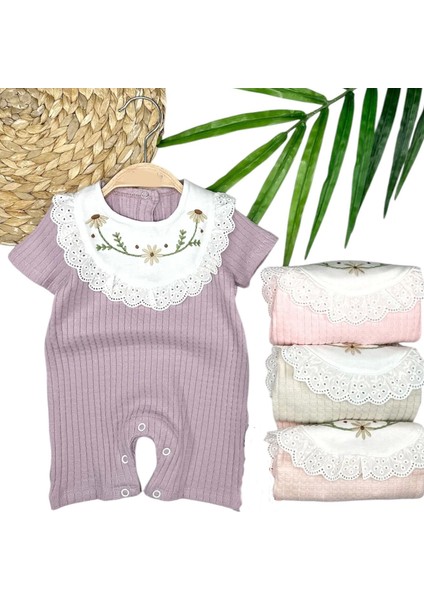 3-6-9-12 Ay Bebe Yaka Çiçek Nakışlı Pamuklu Petek Penye Yazlık Kız Bebek Tulumu