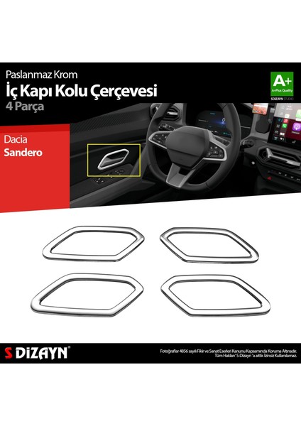 S-Dizayn Dacia Sandero Krom Iç Kapı Kolu Çerçevesi 4 Prç 2020 Üzeri A+ Kalite
