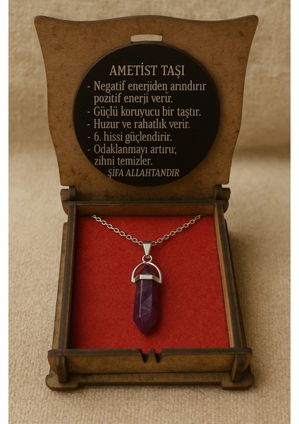Ametist Taşı Kristal Kolye – Doğal Mor Taş, Ahşap Kutulu, Anneye, Sevgiliye, Kız Çocuğuna Özel Hediye fırsatları