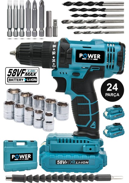Pro-Xxc-Line Germany Technology Çift Akülü Şarjlı Matkap 24 Parça 58 Vf 5 Ah Powerblack
